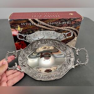 NIB Silver Plated Antique Oval Shaped Footed Dish W/ Handles 10x5.5x2.25”
